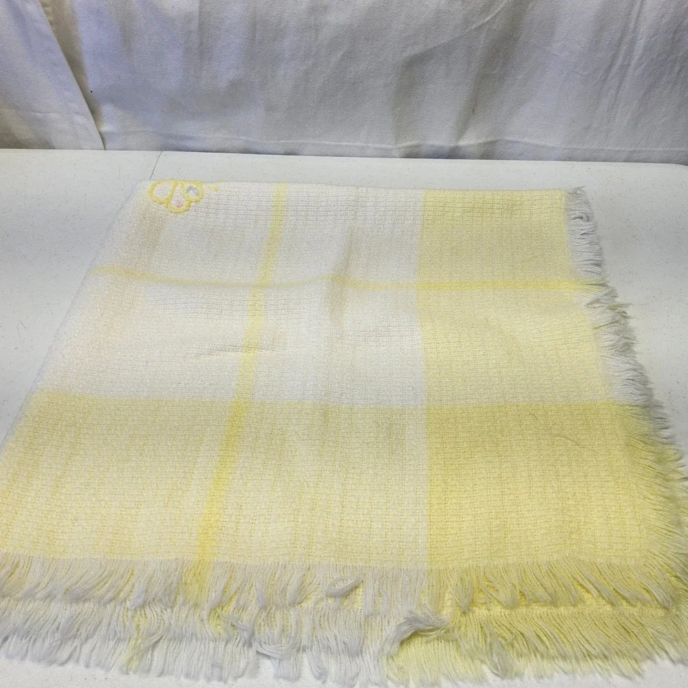 The Three Weavers Butterfly Plaid Baby‎ Blanket Yellow Fringed Embroidered